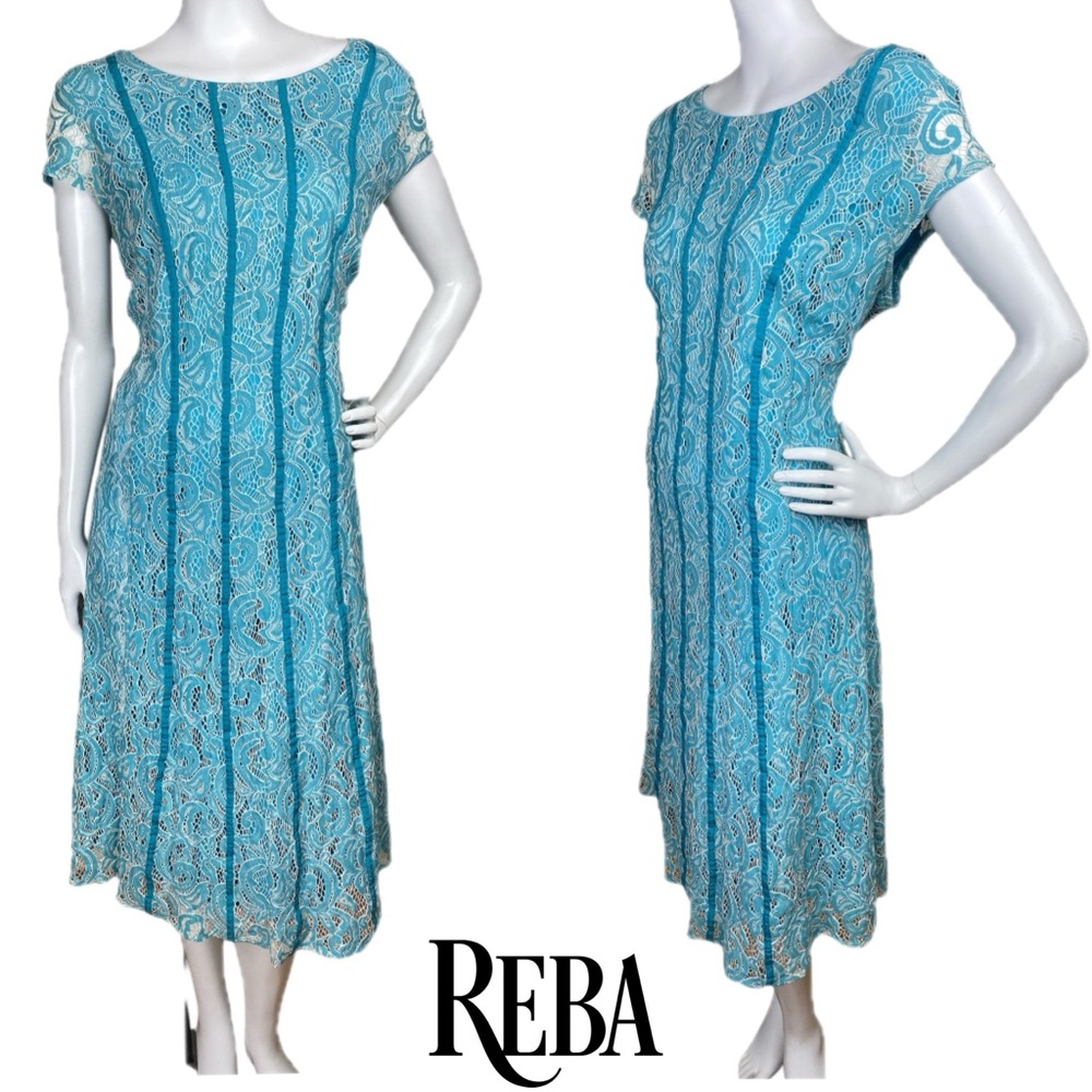 REBA SHADES OF SPRING MALIBU Maxi Blue Dress Cap Sleeves Floral Patterned  Sz XL